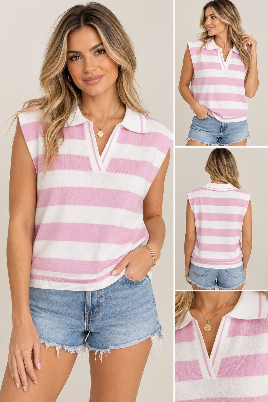 NWT Zenana Striped Polo Sz M Mauve & Ivory